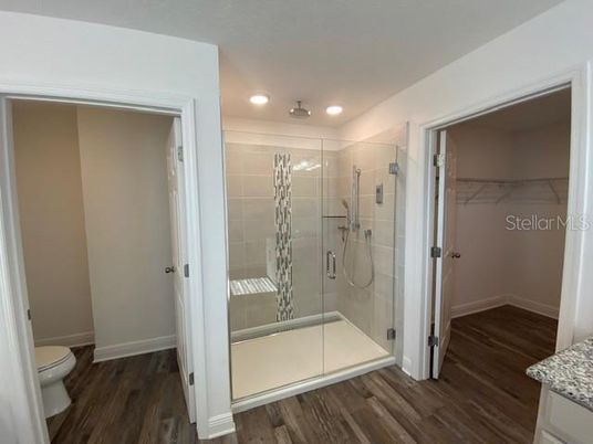 Bathroom, Glass Shower, Interior, Recessed Lighting, Wood Texture Flooring