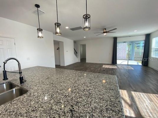 Empty room, Interior, Pendant Lights, Recessed Lighting, Wood Texture Flooring
