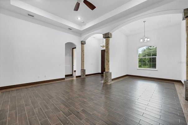 Chandelier, Empty room, Interior, Pendant Lights, Recessed Lighting, Wood Texture Flooring