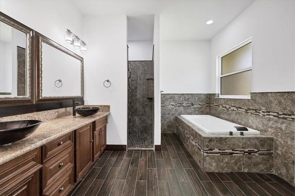 Bathroom, Dual Sink Vanities, Interior, Recessed Lighting, Wood Texture Flooring