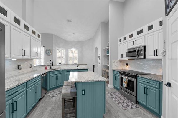Chandelier, Interior, Kitchen, Pendant Lights, Stainless Steel Appliances, Wood Texture Flooring