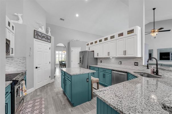Interior, Kitchen, Pendant Lights, Recessed Lighting, Wood Texture Flooring