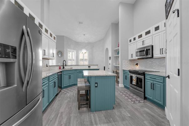 Interior, Kitchen, Pendant Lights, Stainless Steel Appliances, Wood Texture Flooring