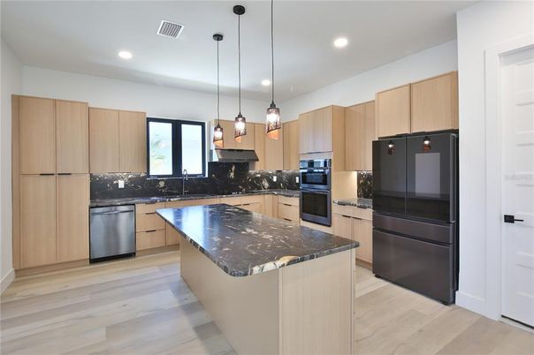 Interior, Kitchen, Pendant Lights, Recessed Lighting, Stainless Steel Appliances, Wood Texture Flooring