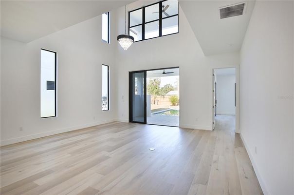 Chandelier, Empty room, Interior, Wood Texture Flooring