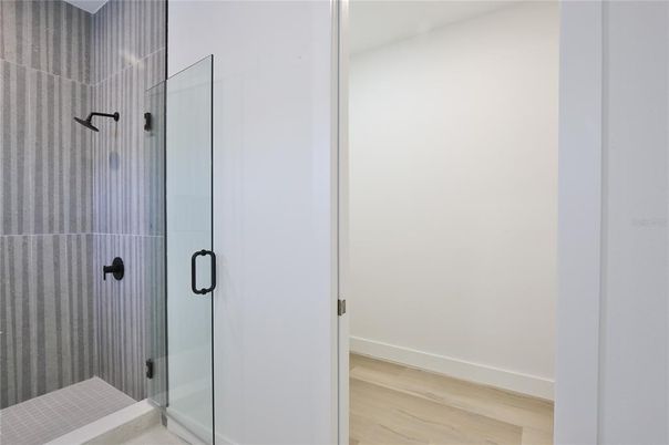 Bathroom, Glass Shower, Interior, Wood Texture Flooring