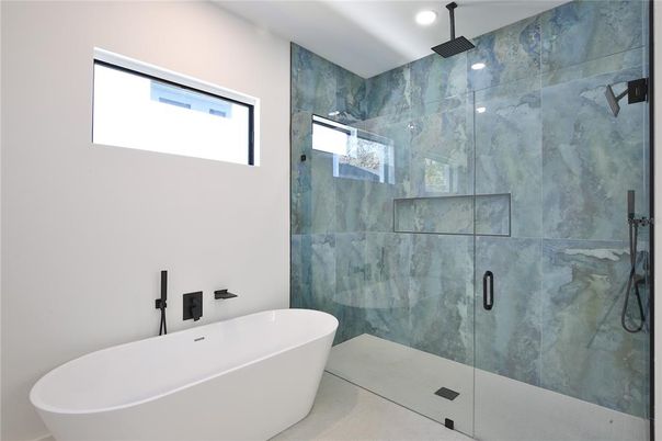 Bathroom, Free Standing Baths, Glass Shower, Interior, Marble Walls, Recessed Lighting