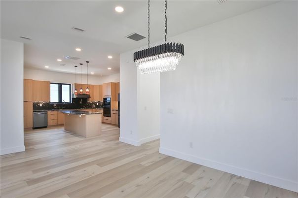 Chandelier, Interior, Kitchen, Pendant Lights, Recessed Lighting, Wood Texture Flooring