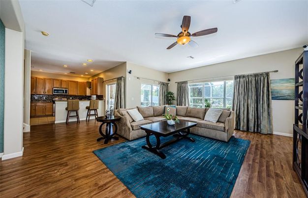 Interior, Kitchen, Living room, Recessed Lighting, Wood Texture Flooring