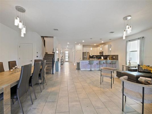 Dining room, Interior, Kitchen, Pendant Lights, Recessed Lighting, Stainless Steel Appliances