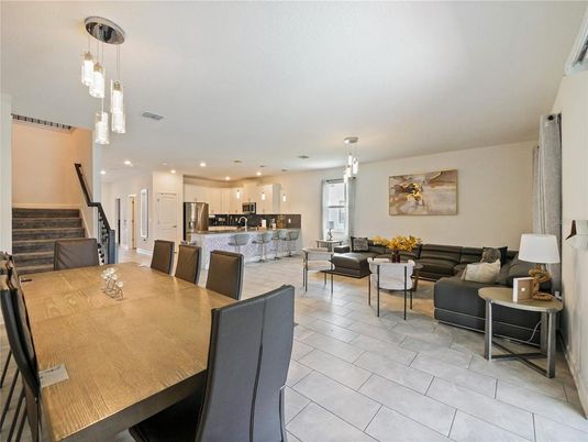 Dining room, Interior, Kitchen, Living room, Pendant Lights, Recessed Lighting, Stainless Steel Appliances