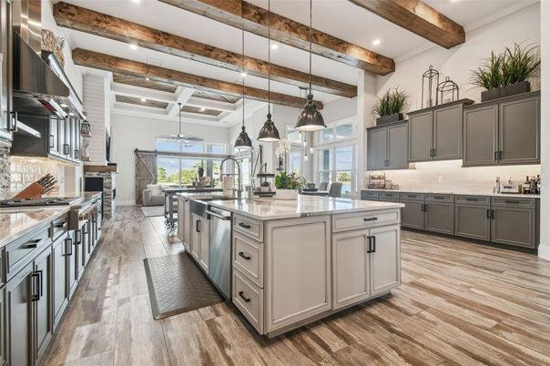 Interior, Kitchen, Pendant Lights, Recessed Lighting, Stainless Steel Appliances, Wooden Beams, Wood Texture Flooring
