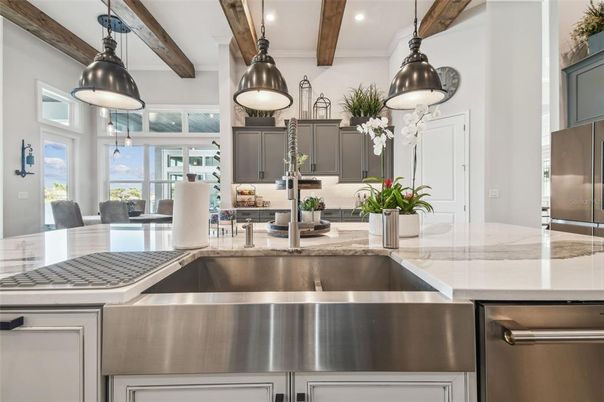 Dining room, Interior, Kitchen, Pendant Lights, Recessed Lighting, Stainless Steel Appliances, Wooden Beams
