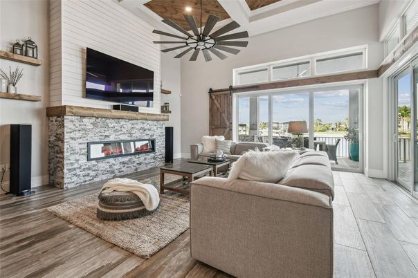 Fireplace, Interior, Living room, Recessed Lighting, Wooden Ceilings, Wood Texture Flooring