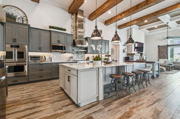 Interior, Kitchen, Pendant Lights, Recessed Lighting, Stainless Steel Appliances, Wooden Beams, Wood Texture Flooring