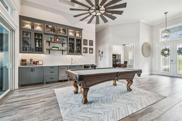 Billiard Table, Game Room, Interior, Pendant Lights, Wood Texture Flooring