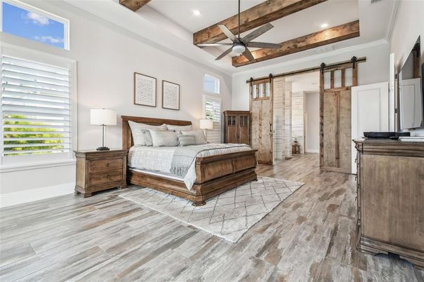 Bedroom, Interior, Recessed Lighting, Wooden Beams, Wood Texture Flooring