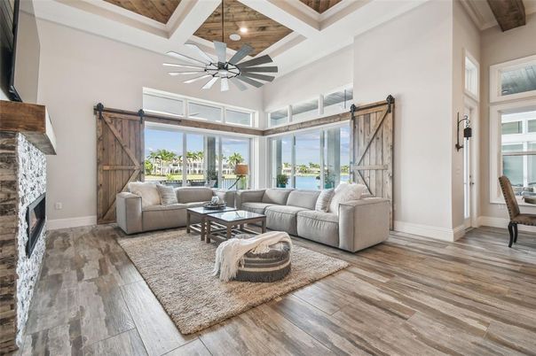 Fireplace, Interior, Living room, Recessed Lighting, Stone Walls, Wooden Ceilings, Wood Texture Flooring