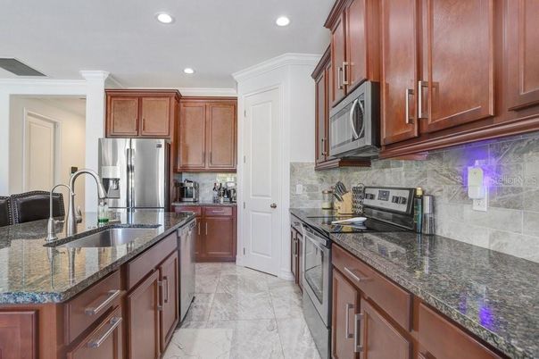 Interior, Kitchen, Marble, Recessed Lighting, Stainless Steel Appliances