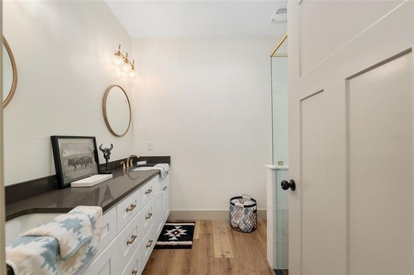 Bathroom, Dual Sink Vanities, Interior, Wood Texture Flooring