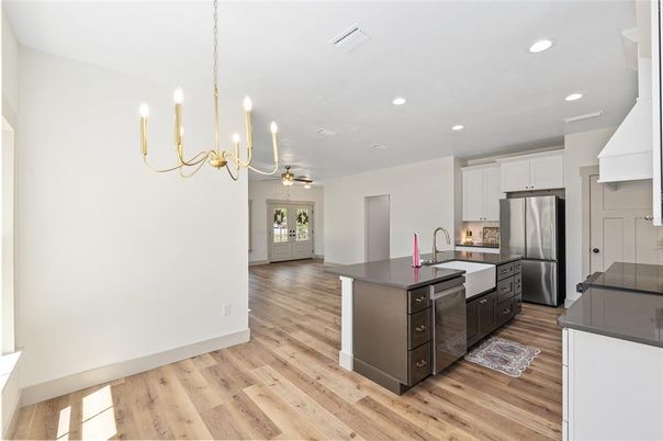 Chandelier, Interior, Kitchen, Recessed Lighting, Stainless Steel Appliances, Wood Texture Flooring