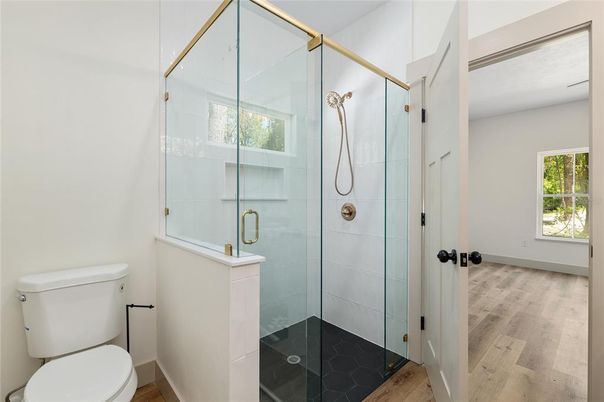 Bathroom, Glass Shower, Interior, Wood Texture Flooring
