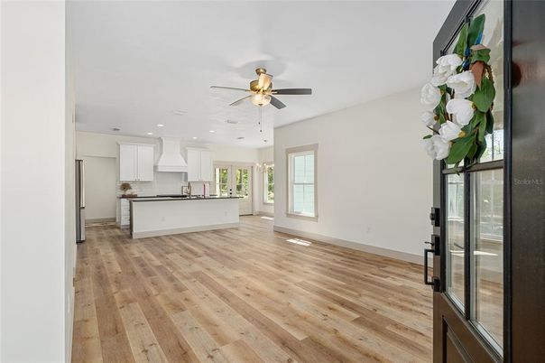 Chandelier, Empty room, Interior, Kitchen, Recessed Lighting, Wood Texture Flooring