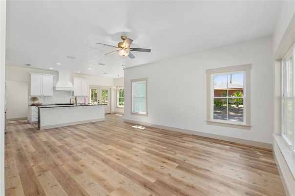 Empty room, Interior, Kitchen, Recessed Lighting, Wood Texture Flooring