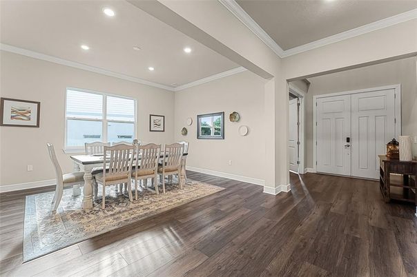 Dining room, Interior, Recessed Lighting, Wood Texture Flooring
