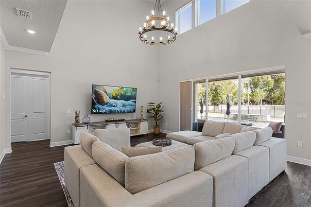 Chandelier, Interior, Living room, Recessed Lighting, Wood Texture Flooring