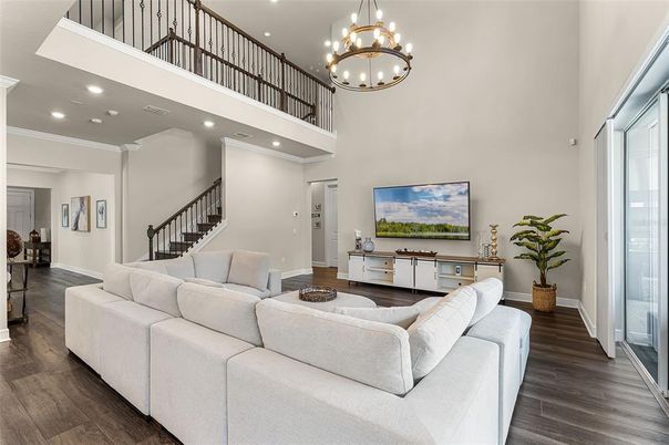 Chandelier, Interior, Living room, Recessed Lighting, Wood Texture Flooring