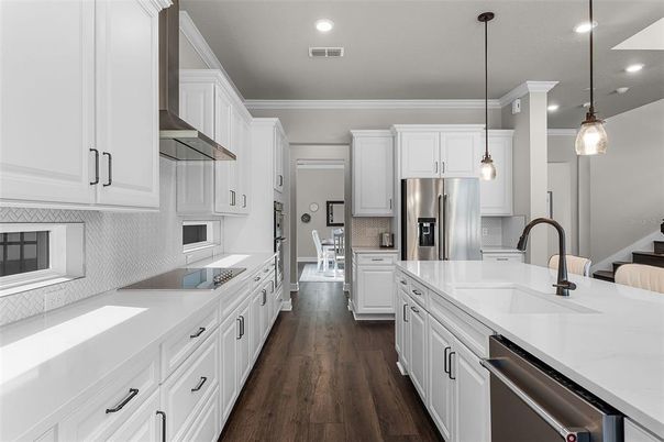 Interior, Kitchen, Pendant Lights, Recessed Lighting, Stainless Steel Appliances, Wood Texture Flooring