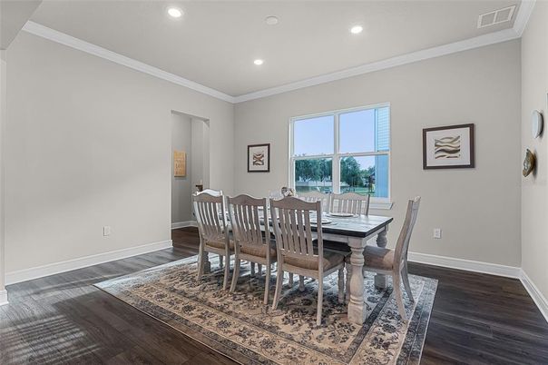 Dining room, Interior, Recessed Lighting, Wood Texture Flooring