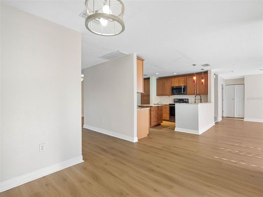 Interior, Kitchen, Pendant Lights, Recessed Lighting, Wood Texture Flooring