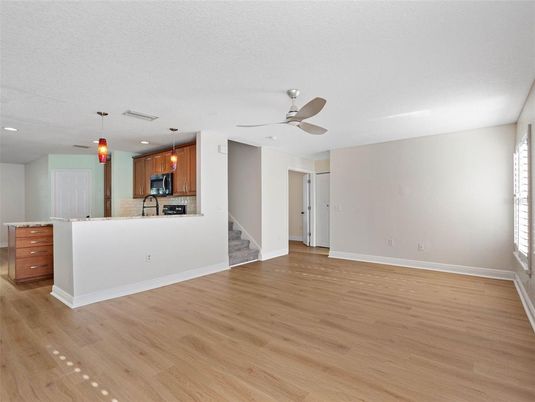 Interior, Kitchen, Pendant Lights, Recessed Lighting, Wood Texture Flooring
