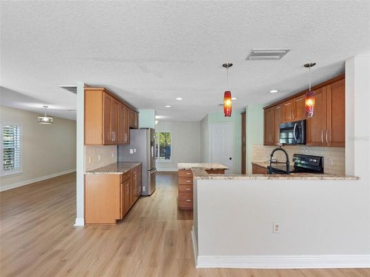 Interior, Kitchen, Pendant Lights, Recessed Lighting, Wood Texture Flooring