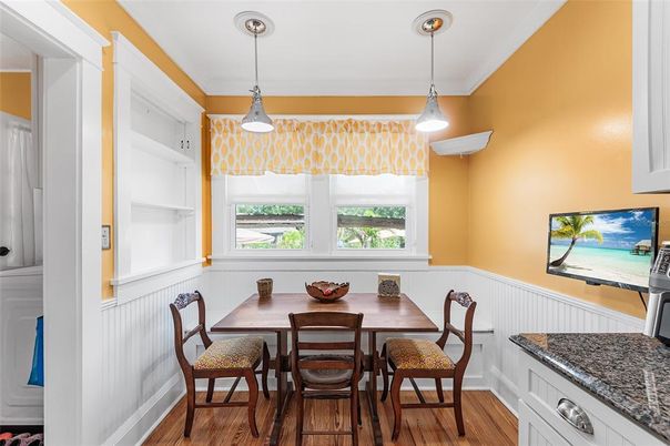 Dining room, Interior, Pendant Lights, Wood Texture Flooring