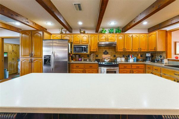 Interior, Kitchen, Recessed Lighting, Stainless Steel Appliances, Wooden Beams