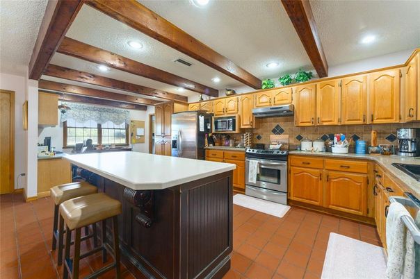 Interior, Kitchen, Recessed Lighting, Stainless Steel Appliances, Wooden Beams