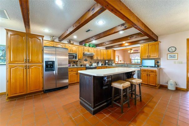 Interior, Kitchen, Recessed Lighting, Stainless Steel Appliances, Wooden Beams