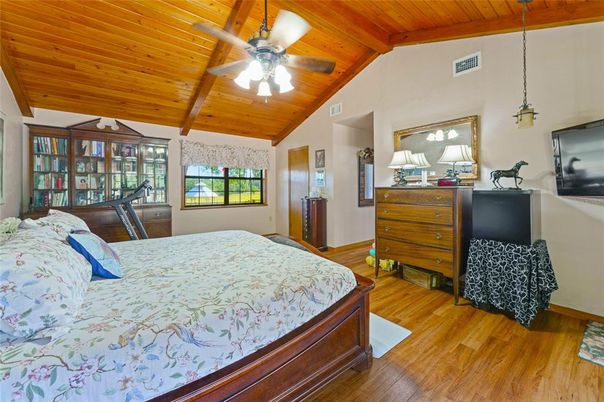 Bedroom, Interior, Pendant Lights, Wooden Beams, Wooden Ceilings, Wood Texture Flooring