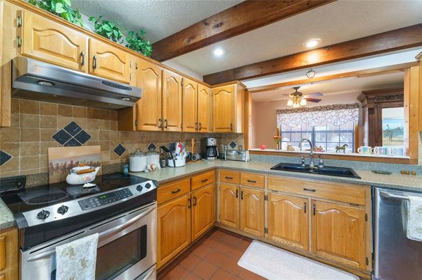 Interior, Kitchen, Recessed Lighting, Stainless Steel Appliances, Wooden Beams