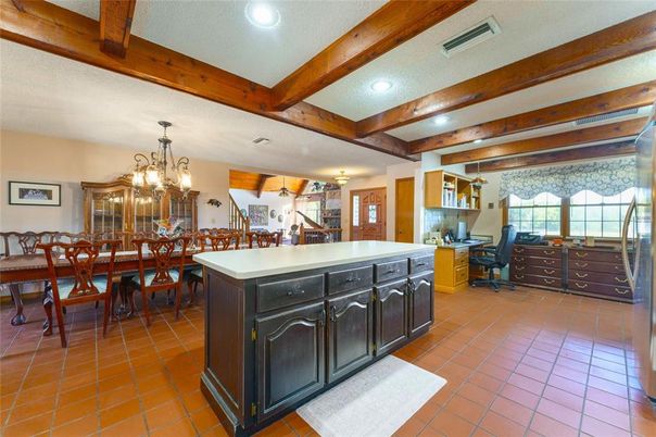 Chandelier, Dining room, Interior, Kitchen, Recessed Lighting, Wooden Beams