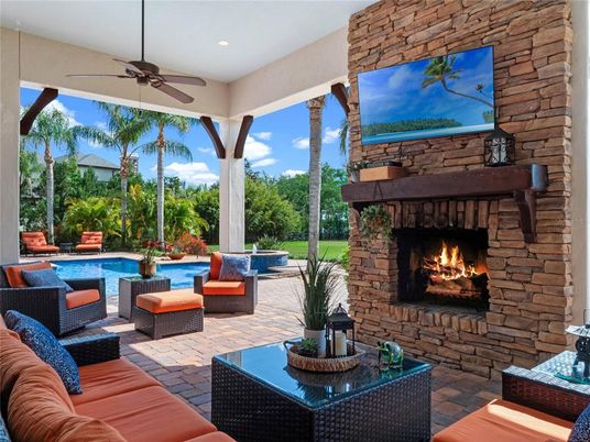 Exterior, Fireplace, Pool