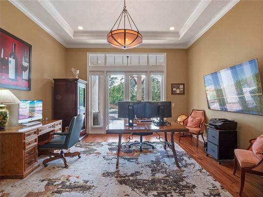 Home Office, Interior, Pendant Lights, Recessed Lighting, Wood Texture Flooring