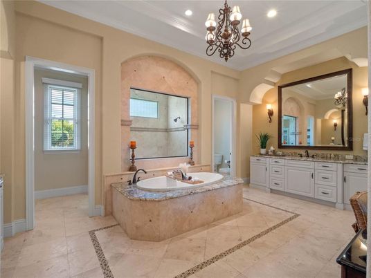 Bathroom, Chandelier, Dual Sink Vanities, Interior, Recessed Lighting