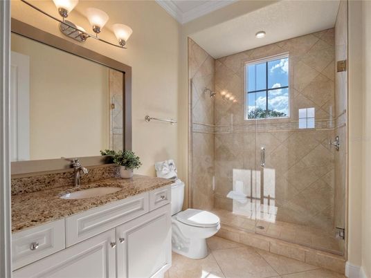 Bathroom, Glass Shower, Interior, Recessed Lighting