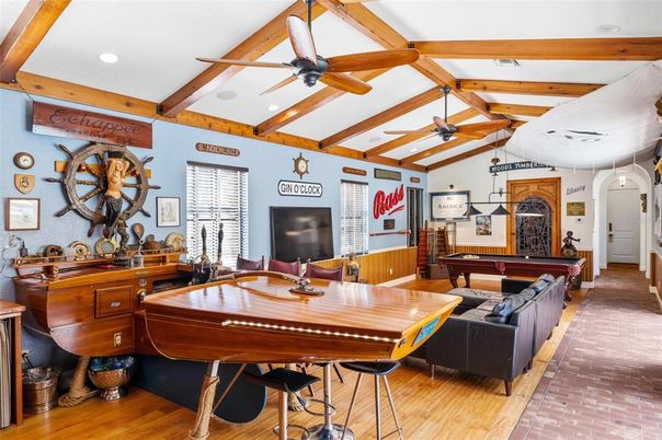 Billiard Table, Game Room, Interior, Recessed Lighting, Wooden Beams, Wood Texture Flooring