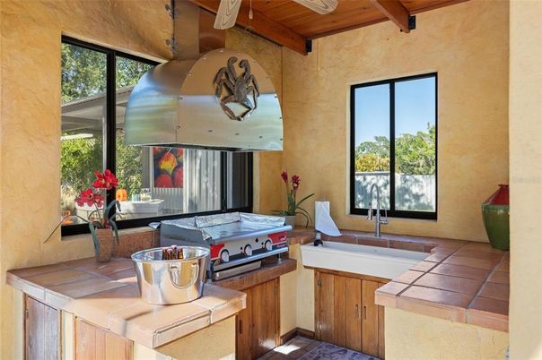 Interior, Kitchen, Stainless Steel Appliances, Tile Countertops, Wooden Beams, Wooden Ceilings