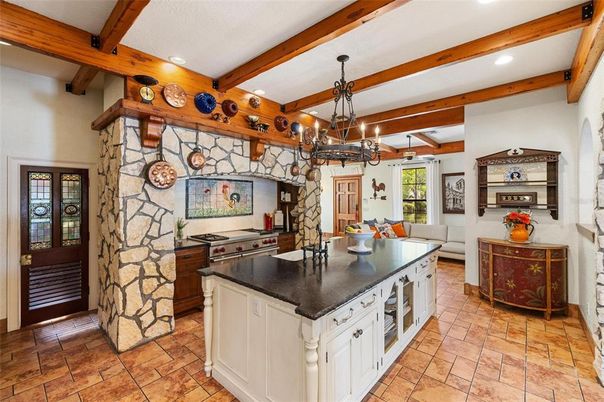 Chandelier, Interior, Kitchen, Pendant Lights, Recessed Lighting, Wooden Beams